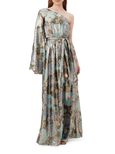 Trina Turk Amida One-shoulder Metallic Floral-print Gown In Nihan Blue Multi