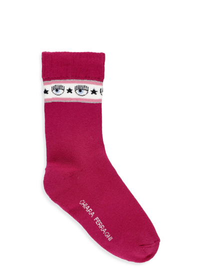 Chiara Ferragni Kids' Intarsia Cotton Blend Socks In 다크 핑크