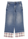 Palm Angels Girl's Check-print Trim Medium Wash Jeans In Blue