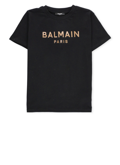 Balmain Kids' Logo印花棉t恤 In Black