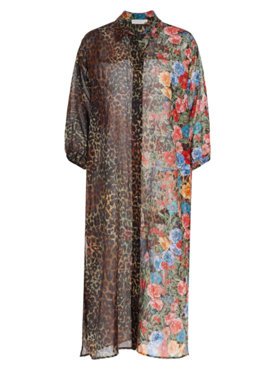 Johnny Was Women's Semi-sheer Cheetah & Floral-print Coverup In Neutral