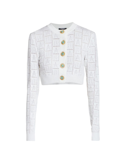 BALMAIN WOMEN'S MONOGRAM POINTELLE-KNIT CARDIGAN