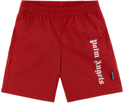 Palm Angels Kids Red Printed Swim Shorts In Red White