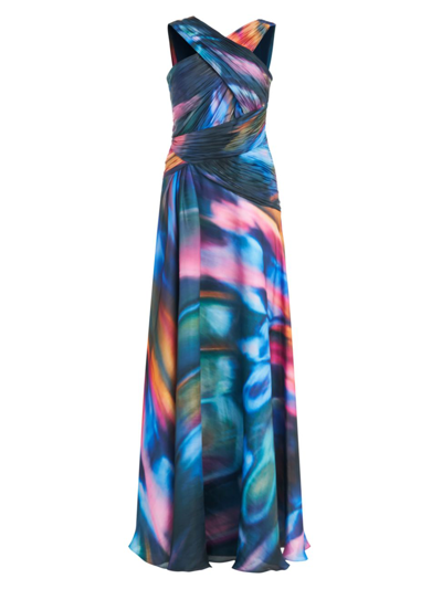 Theia Stacy Abstract Print Crossover Neck Faux Wrap Gown In Luminous Wings
