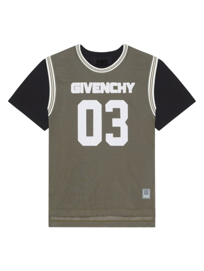 Givenchy Men's Overlapped T-shirt In Mesh And Jersey In Black/khaki