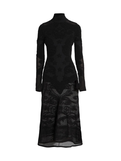 Balmain Women's Baroque Pattern Wool Sheer Midi-dress In Black