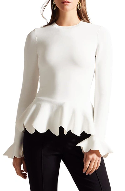 Ted Baker Lillyyy Long Sleeve Peplum Top In Ivory