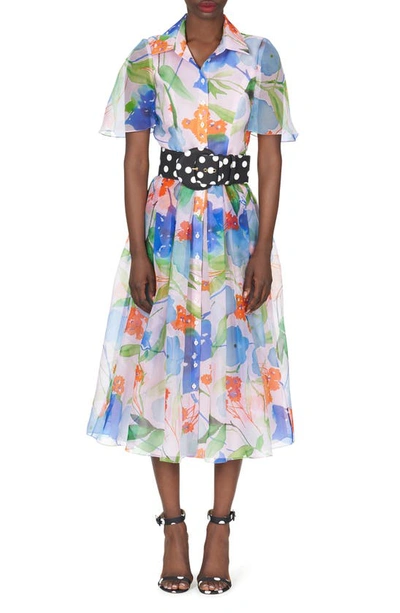 CAROLINA HERRERA FLORAL CONTRAST BELT SILK SHIRTDRESS