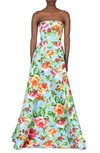 Carolina Herrera Strapless Floral Gown In Lake Blue Multi