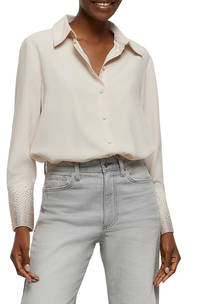 River Island Hotfix Crystal Cuff Satin Button-up Shirt In Ivory