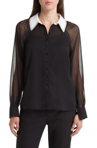 Ted Baker Womens Black Chayse Crystal-embellished Collar Recycled-polyester Blouse