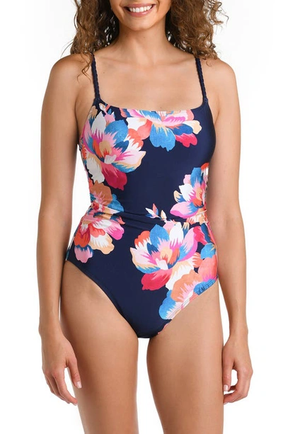 La Blanca Floral-print One-shoulder One-piece Swimsuit In Blue