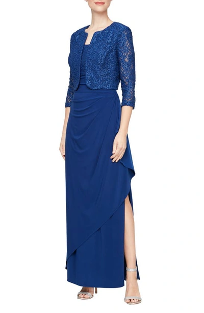 Alex Evenings Beaded Bolero Jacket & Empire Waist Gown In Royal