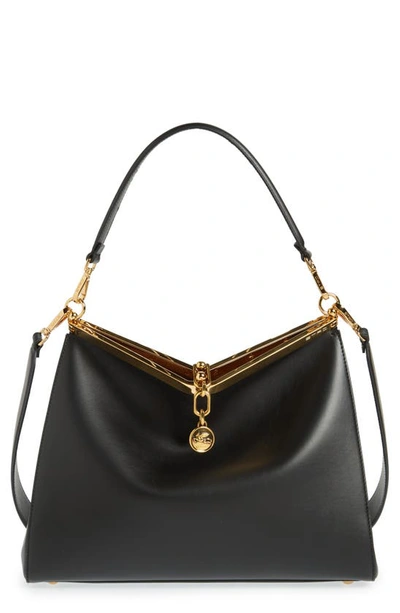 Etro Large Vela Leather Shoulder Bag In Black