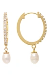 RIVKA FRIEDMAN PAVÉ CUBIC ZIRCONIA IMITATION PEARL DROP HOOP EARRINGS