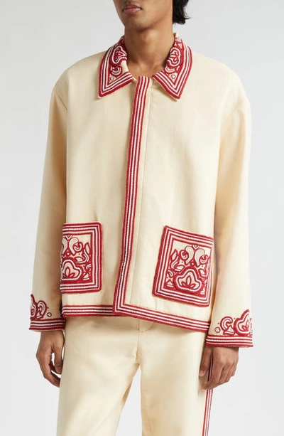 Bode Flora Beaded Cotton Jacket In Red