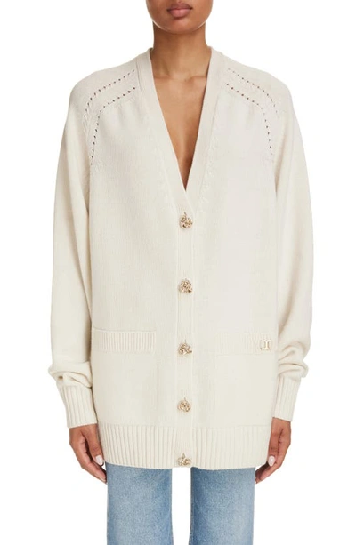 Chloé V-neck Knot-button Recycled Cashmere Cardigan In White Powder