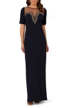 ADRIANNA PAPELL ILLUSION NECK STRETCH CREPE COLUMN GOWN
