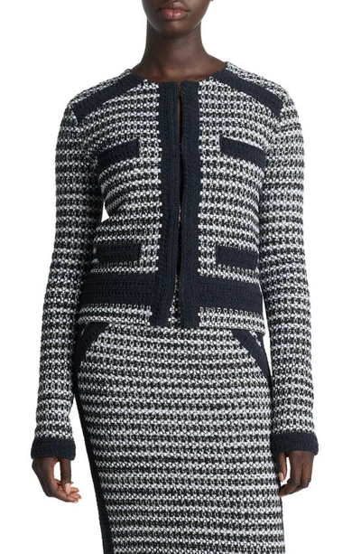 St John Textured-trim Bi-color Knit Jacket In Black/ivory Multi