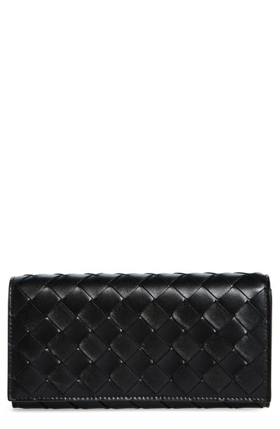 Bottega Veneta Shiny Napa Leather Flap Wallet In Black