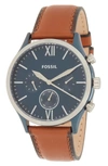 FOSSIL THREE HAND QUARTZ LEATHER STRAP WATCH, 38MM