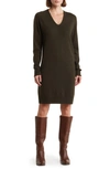 Vince V-neck Long Sleeve Wool Blend Sweater Dress In Tuscan Olive