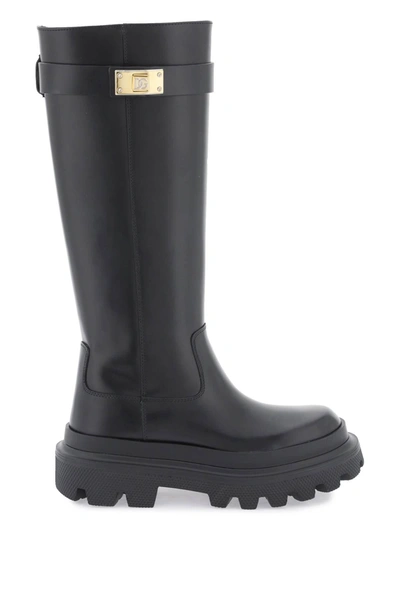 Dolce & Gabbana Leather Antik Boots With Branded Closure In Black