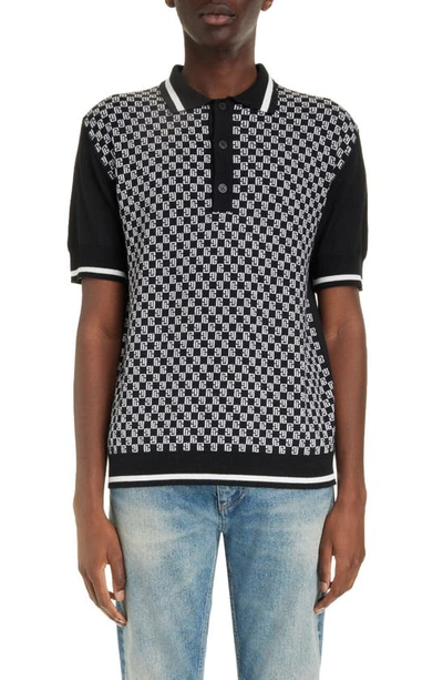 Balmain Monogram-pattern Wool Polo Shirt In Black