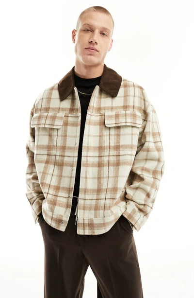 Asos Design Oversized Harrington Jacket In Beige Plaid With Brown Cord Collar