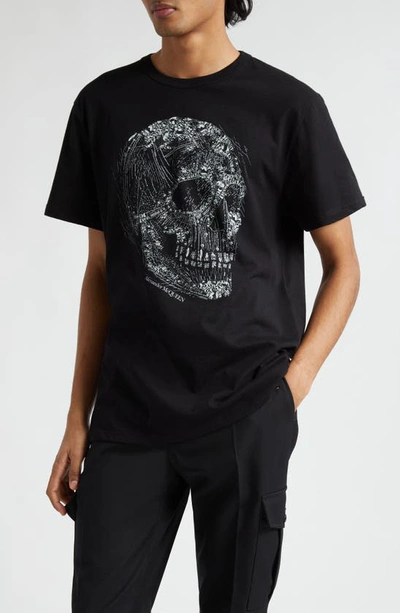 Alexander Mcqueen Crystal Skull T-shirt In Black/white