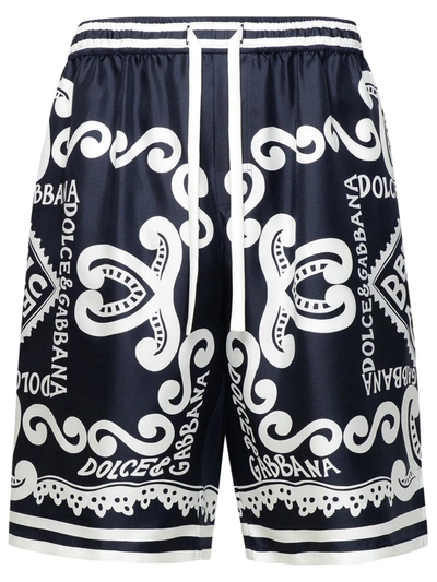 Dolce & Gabbana Silk Twill Jogging Shorts With Bandanna Print In Blue