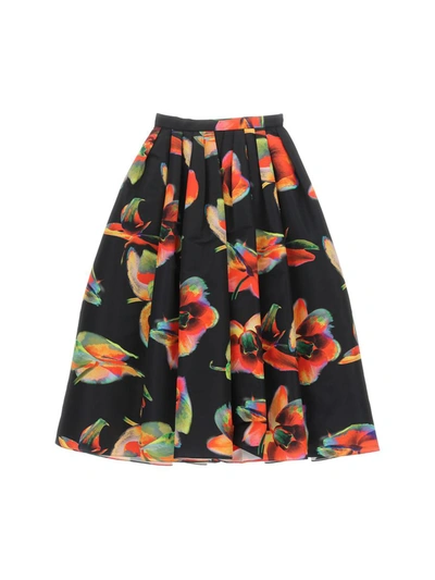 Alexander Mcqueen Solarised Orchid-print Cotton Midi Skirt In Black