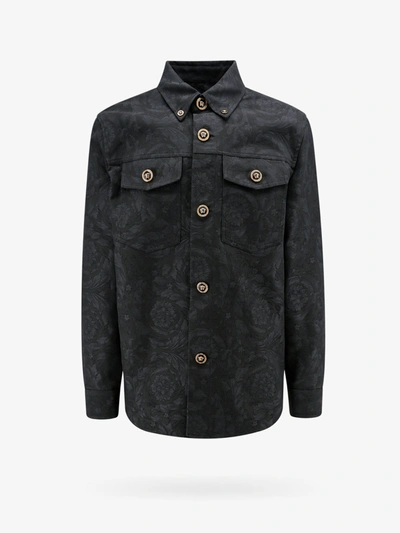 Versace Men's Tonal Barocco Jacquard Overshirt In Grey