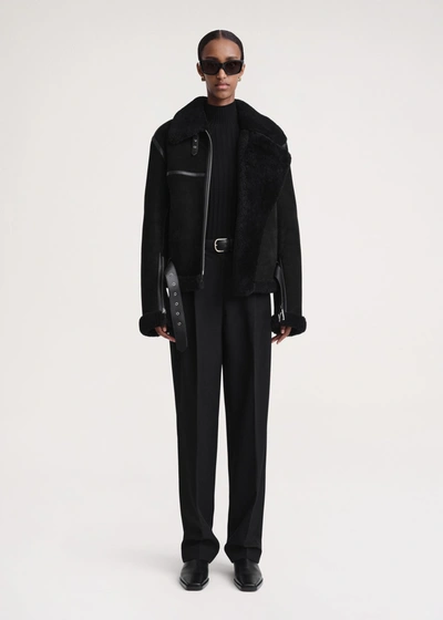 Totême Shearling-trim Zip-up Suede Jacket In Black