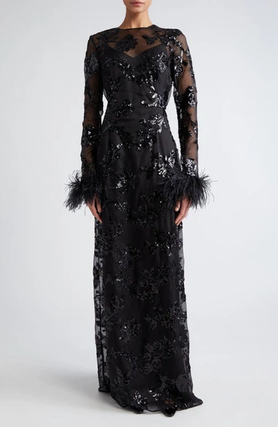 ERDEM SEQUIN FEATHER CUFF LONG SLEEVE SILK ORGANZA GOWN