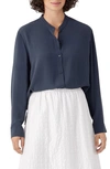 EILEEN FISHER MANDARIN COLLAR SILK BUTTON-UP SHIRT