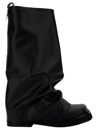 Attico 'robin' Black Multilayer Combat Boots With One Block Sole In Leather Woman