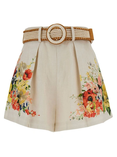 ZIMMERMANN WHITE SHORTS WITH FLOREAL PRINT AND BELT IN LINEN WOMAN
