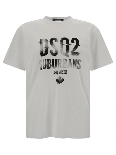 Dsquared2 White Crewneck T-shirt With Contrasting Logo Print In Cotton Man