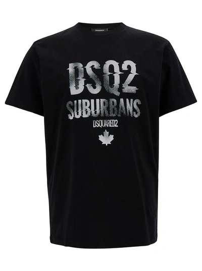 DSQUARED2 BLACK CREWNECK T-SHIRT WITH CONTRASTING LOGO PRINT IN COTTON MAN