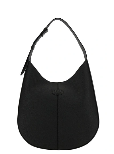Tod's Black Hobo Handbag With Tonal Embossed Logo In Grainy Hammered Woman