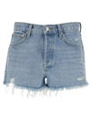 AGOLDE 'PARKER' LIGHT BLUE SHORTS WITH RIPS AND RAW-EDGED HEM IN COTTON DENIM WOMAN