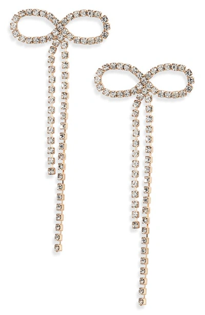 Open Edit Crystal Bow Drop Earrings In Clear- Gold