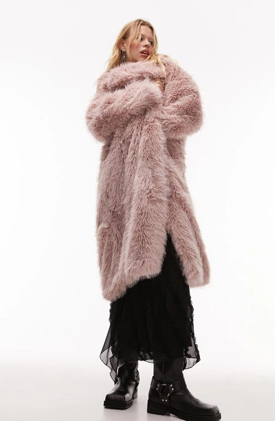 Topshop Longline Faux Fur Coat In Pink