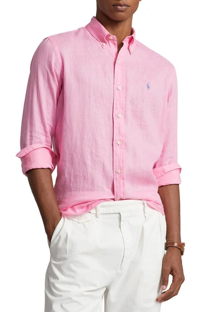 Polo Ralph Lauren Custom Fit Stretch Poplin Shirt Man Shirt Pink Size Xxl Cotton, Elastane