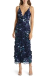 Helsi Nora Deep V-neck Sequin & Applique Midi Dress In Navy Floral