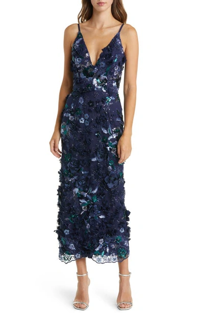 Helsi Nora Deep V-neck Sequin & Applique Midi Dress In Navy Floral