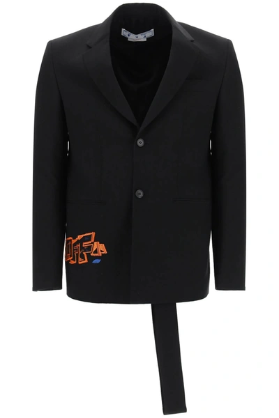 Off-white Wool Blend Blazer With Embroidered Multicolor Logo In Black