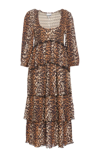 Ganni Leopard-print Short-sleeve Layered Midi Dress In Animalier