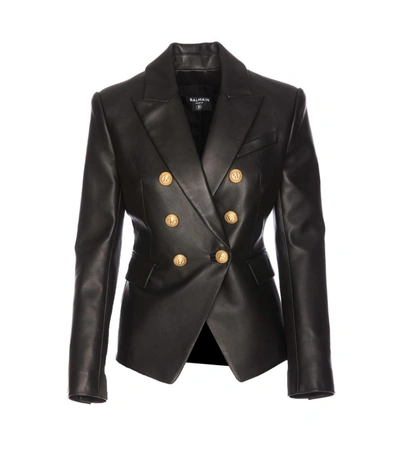 Balmain Double-breasted Leather Blazer In Nero